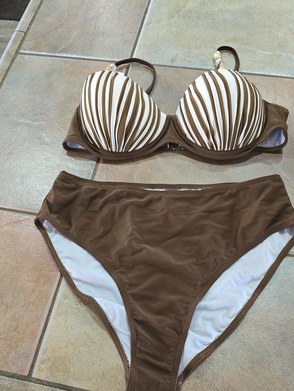 Cupshe Brown & Cream Striped Padded Bikini Set Sz Lg Nwt